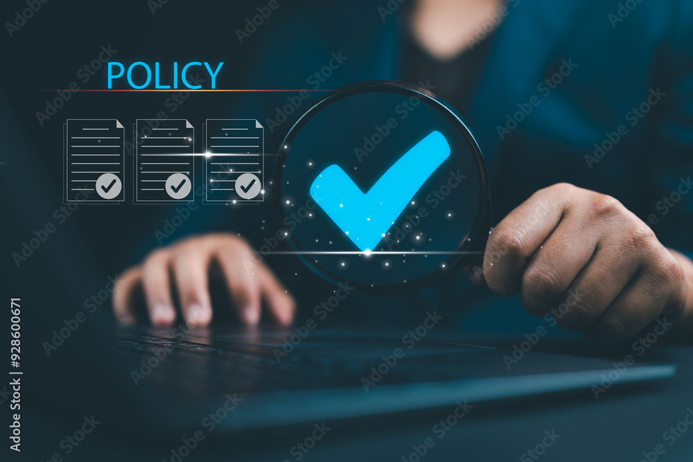 Poster Accountant showing office document auditing concept ,checkboxes Concepts of practices and policies ,company articles of association Terms and Conditions ,plan review process and assess correctness