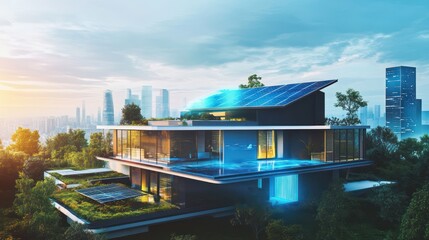 Modern Eco-Friendly House with Solar Panels and Rooftop Garden in Urban Setting