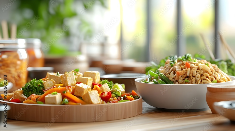 Poster mouthwatering 3d rendering of a traditional vegetarian meal featuring tofu stir fried vegetables and