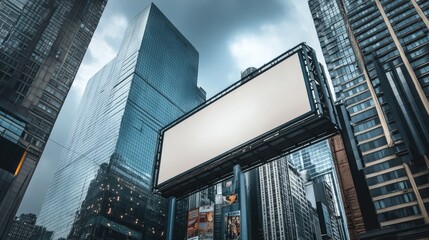 An empty advertising billboard in a bustling cityscape, surrounded by skyscrapers.