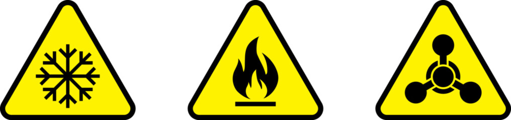 Yellow triangle warning biohazard, radioactive, nuclear and toxic sign icons set. Biohazard, chemical hazard warning triangular vector symbol stickers. Caution danger sign.