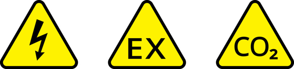 Yellow triangle warning biohazard, radioactive, nuclear and toxic sign icons set. Biohazard, chemical hazard warning triangular vector symbol stickers. Caution danger sign.