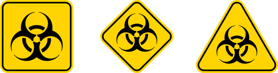 Yellow triangle warning biohazard, radioactive, nuclear and toxic sign icons set. Biohazard, chemical hazard warning triangular vector symbol stickers. Caution danger sign.