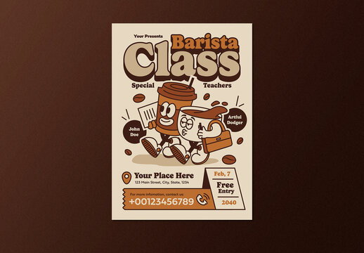 Brown Playful Retro Cartoon Illustration Barista Class Flyer