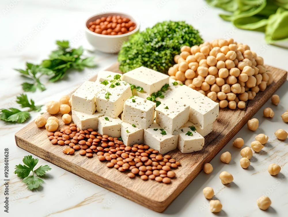 Poster assortment of plant based protein sources including tofu lentils and chickpeas displayed on a wooden