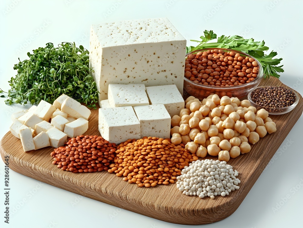 Poster assortment of various plant based protein sources such as tofu lentils and chickpeas displayed on a 