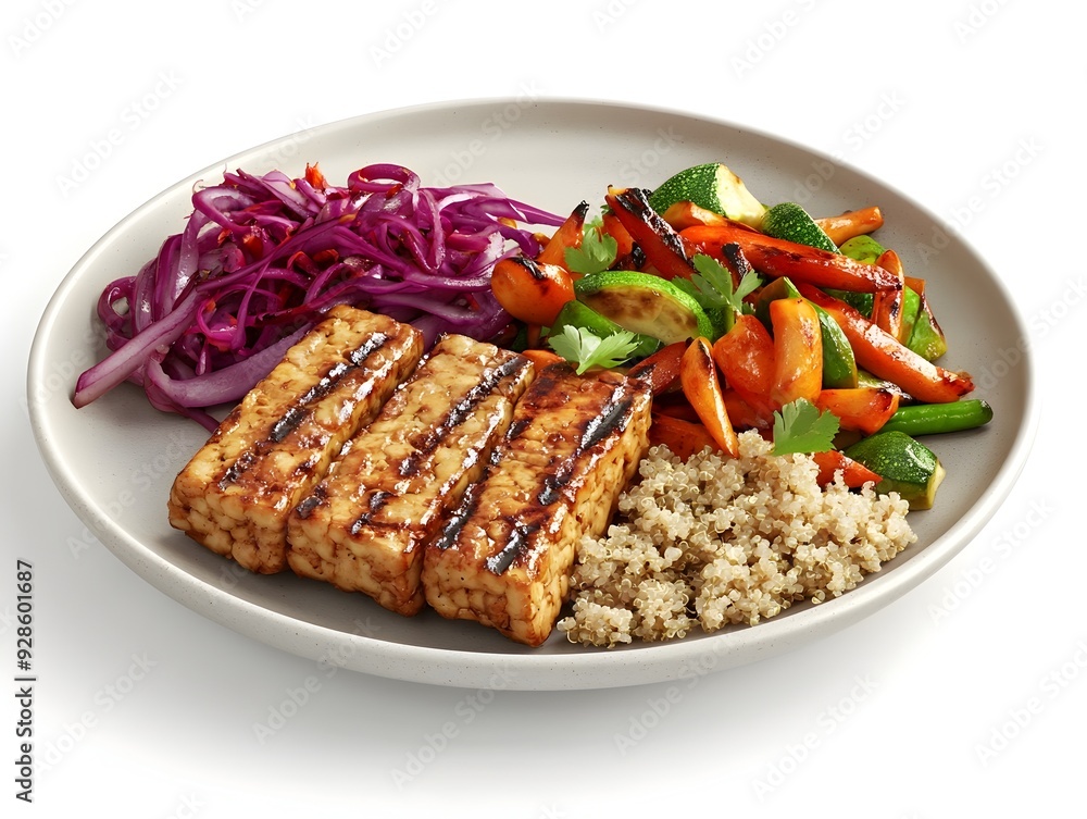 Poster neatly arranged 3d rendered minimalist plate of grilled tempeh sauted vegetables and quinoa a balanc