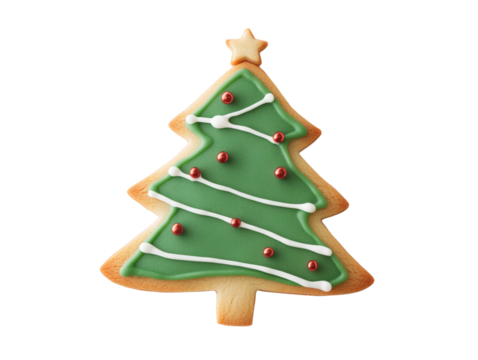A festive Christmas tree cookie decorated with green icing, red dots, and white icing. Perfect for holiday celebrations.