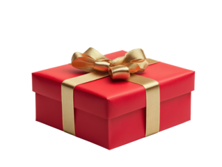 A vibrant red gift box adorned with a shiny golden ribbon, perfect for celebrations and special occasions.