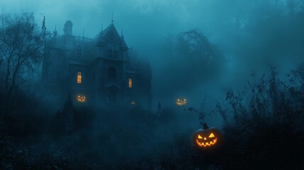 Background for Halloween with a haunted mansion and glowing jack-o'-lanterns on a dark, misty forest backdrop, eerie atmosphere with fog, space for text overlay.