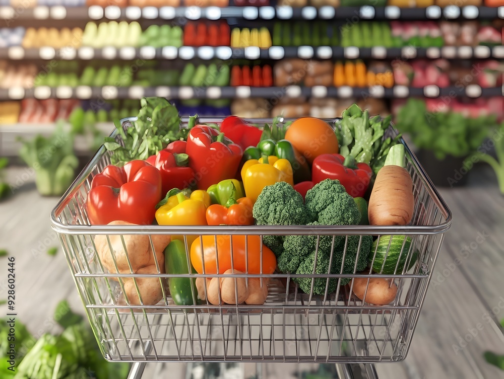 Poster a 3d rendered image of a shopping cart brimming with a colorful assortment of fresh vegetables and p
