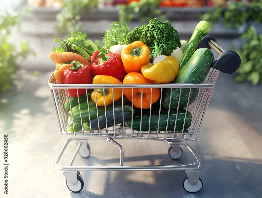 Poster visually appealing 3d render of a shopping cart filled to the brim with a colorful assortment of fre