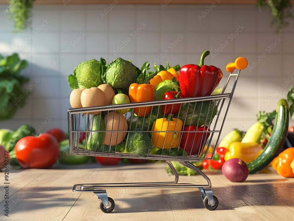 Poster 3d rendered image of shopping cart overflowing with colorful and diverse fresh vegetables and produc