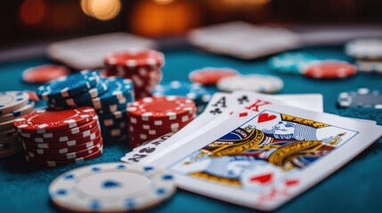 Fototapeta premium A Pair of Aces and a King in a Poker Hand with Chips on a Green Felt Table
