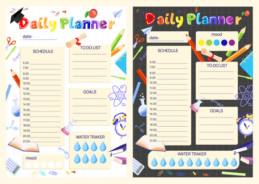 Daily planner for school children printable vector template set decorated with school supplies and colorful children's design elements. Daily planning with schedule,water tracker,mood,goal,to do list