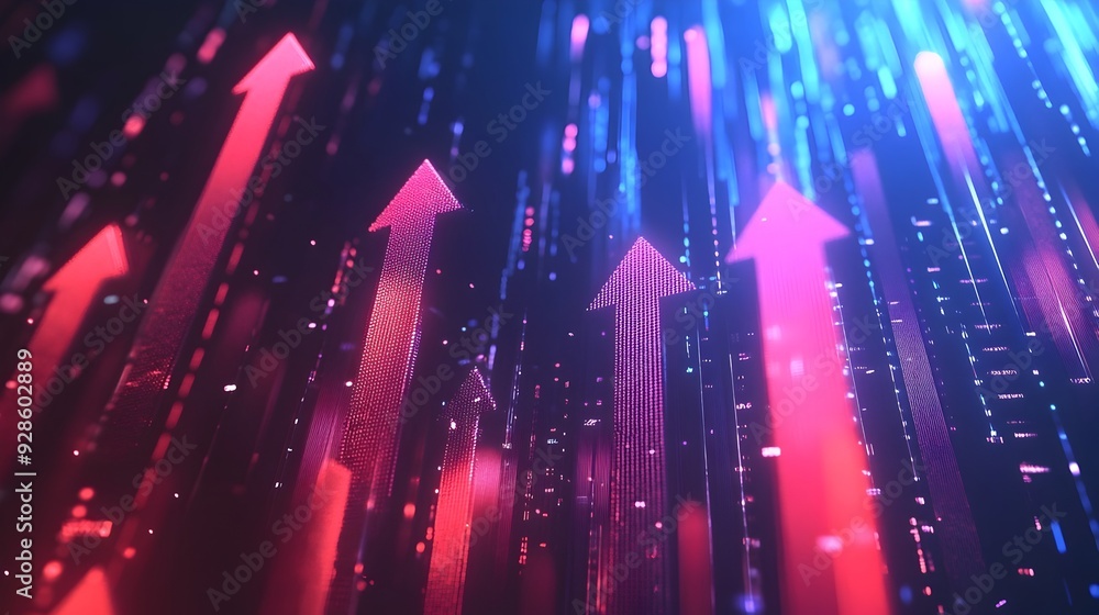 Poster dynamic and futuristic geometric visualization of market trends and financial data featuring rising 
