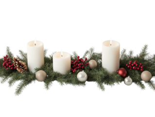 Elegant Christmas arrangement featuring lit candles, pinecones, and festive ornaments, perfect for holiday decor.