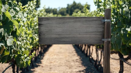 Obraz premium A blank wooden sign in a vineyard, with rows of grapevines stretching out behind it.