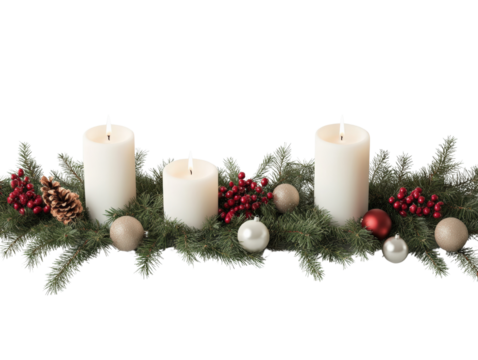 Elegant Christmas arrangement featuring lit candles, pinecones, and festive ornaments, perfect for holiday decor.