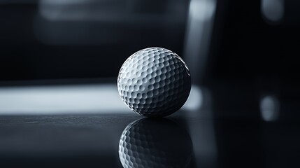 Close up of a golf ball on a dark surface with soft, out-of-focus background.