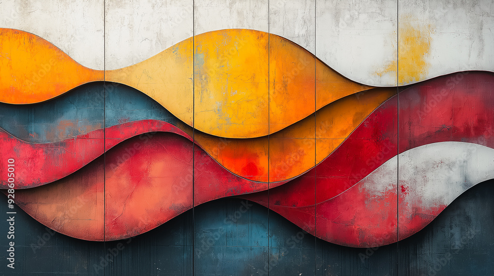 Poster a colorful abstract painting with a wave-like pattern. the colors are bright and bold, creating a se