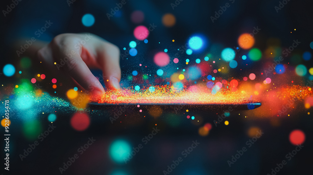 Poster a hand is pointing at a tablet with a colorful background. concept of excitement and curiosity as th