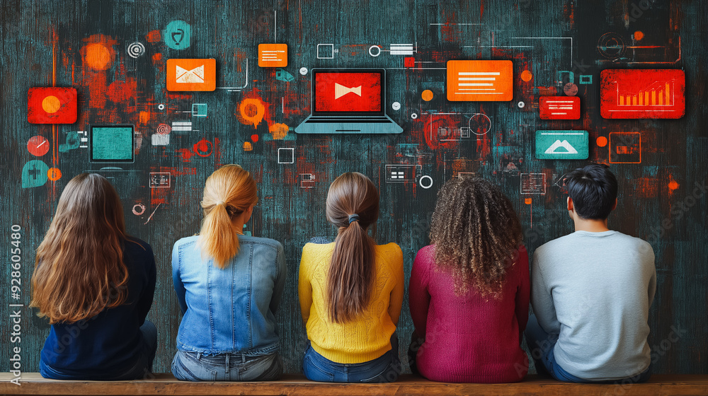 Poster a group of people sitting on a bench with a large screen behind them showing a colorful and busy ima