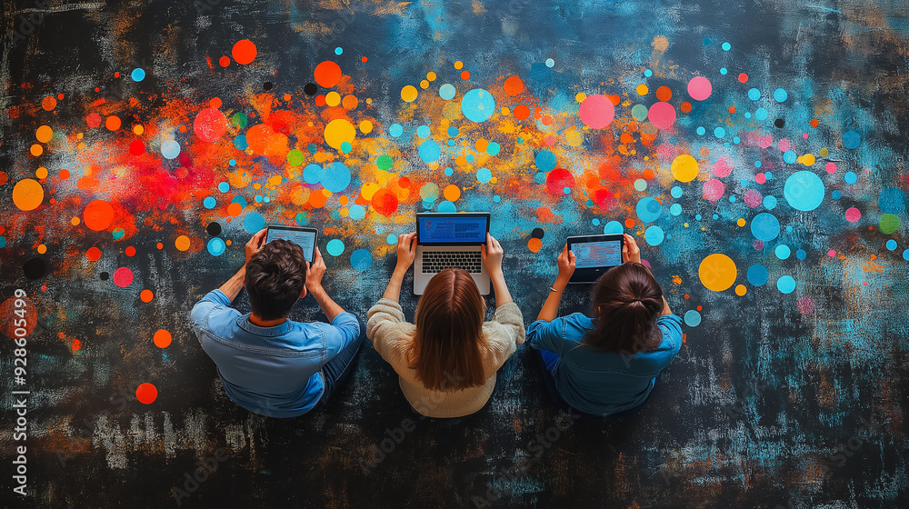 Poster three people are sitting on the floor, each with a laptop in front of them. the laptops are open and