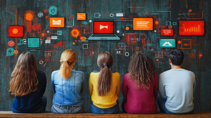 A group of people sitting on a bench with a large screen behind them showing a colorful and busy image of various icons and symbols. Concept of technology and connectivity