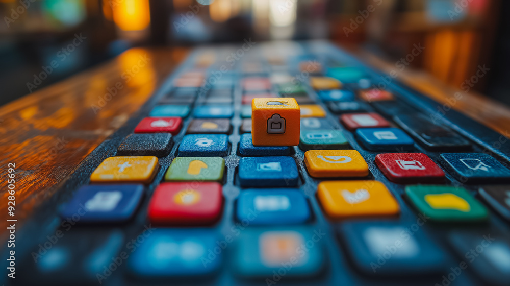 Poster A keyboard with a small red cube on it. The keyboard has many different colored buttons