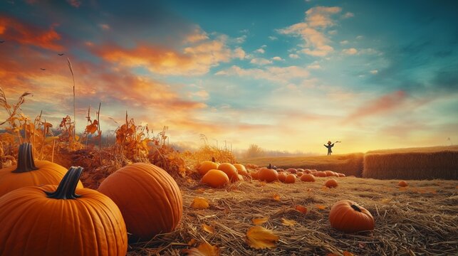 Charming background for Halloween with a pumpkin patch under a twilight sky, pumpkins of various sizes and colors, 