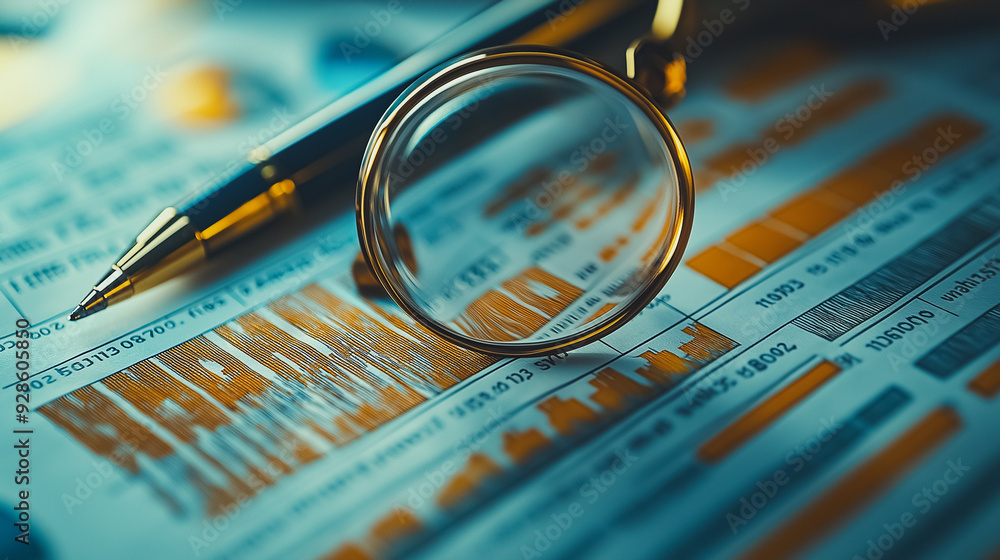 Aufkleber a magnifying glass is on top of a piece of paper with numbers and a pen. concept of analyzing data a