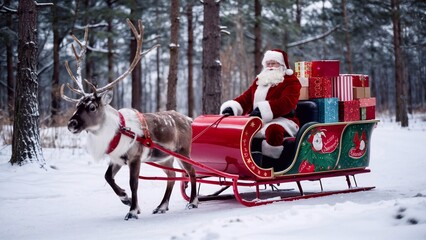 Naklejka premium Santa Claus delivers Christmas and New Year gift boxes on a reindeer sleigh. Winter forest with snow.