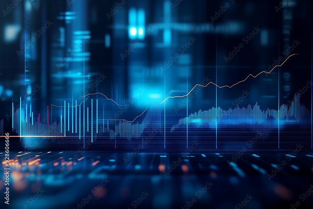 Poster dark-themed futuristic financial data analysis image with glowing line graphs and charts, blurred ba