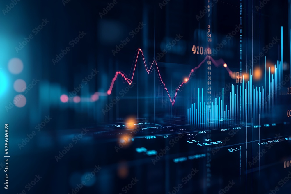 Poster dark-themed futuristic financial data analysis image with glowing line graphs and charts, blurred ba