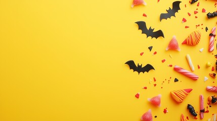 Colorful background for Halloween with peppermint sticks and candy bats spilling over a lemon yellow surface, flying witches and bats subtly integrated, open space for promotional banner or message.