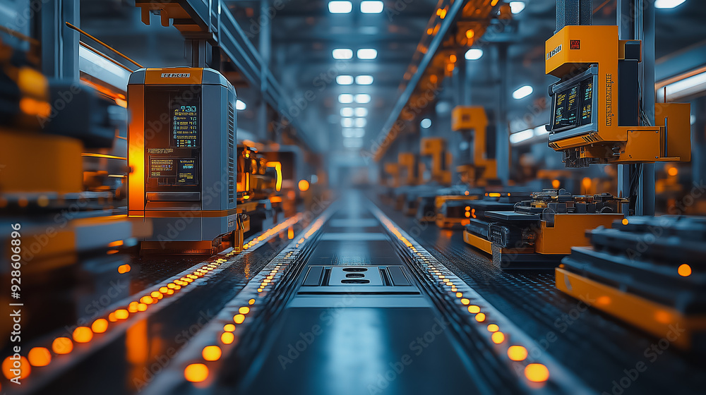 Poster a factory with many machines and a large machine with a screen on it. the machines are orange and th