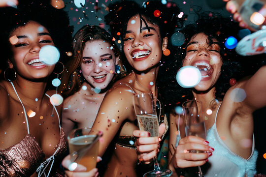AI generated photo of beautiful girls celebrating New Year's Eve with champagne and confetti. Festive sparkle New year's party. Girl's night out