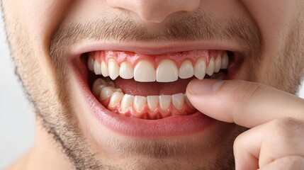 Man Demonstrating Inflamed Gums Close-up on White Background