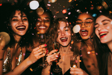 AI generated photo of beautiful girls celebrating New Year's Eve with champagne and confetti. Festive sparkle New year's party. Girl's night out