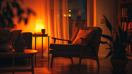 minimalist living room with armchair and a table at night time
