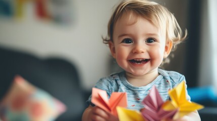 Fototapeta premium A smiling baby holding a bunch of colorful paper toys, AI