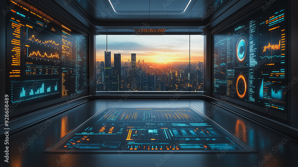 Poster a computer monitor displays a city view with a sunset in the background. the city is lit up with ora