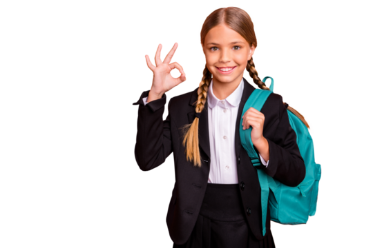 Close up photo beautiful she her little lady funny hairdo hand arm fingers raised okey symbol approval quality news wear formalwear shirt blazer skirt school form bag isolated bright orange background