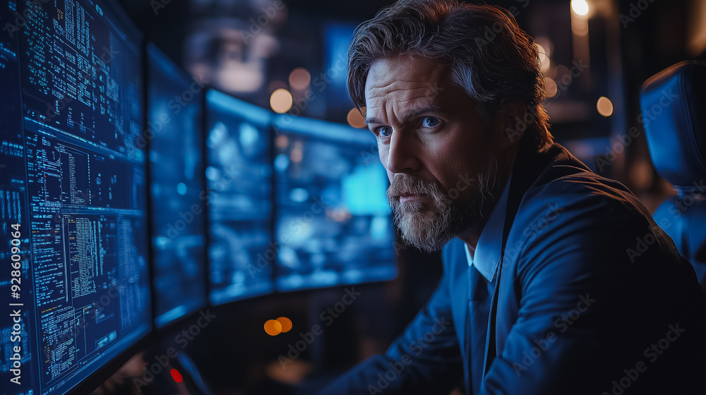 Poster a man is sitting in front of a computer monitor with a serious expression on his face. he is wearing