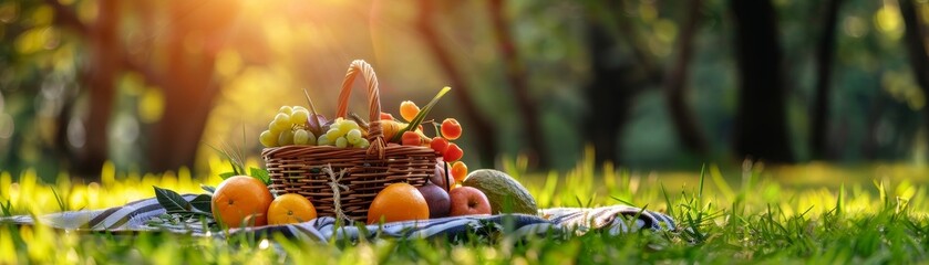 A vibrant basket filled with fresh fruits sits on a blanket in a sunny green park, promoting a healthy outdoor lifestyle.