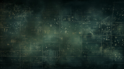 Mathematical And Scientific Symbols On Grid Chalkboard Faded Green Background With Complex Equations And Diagrams