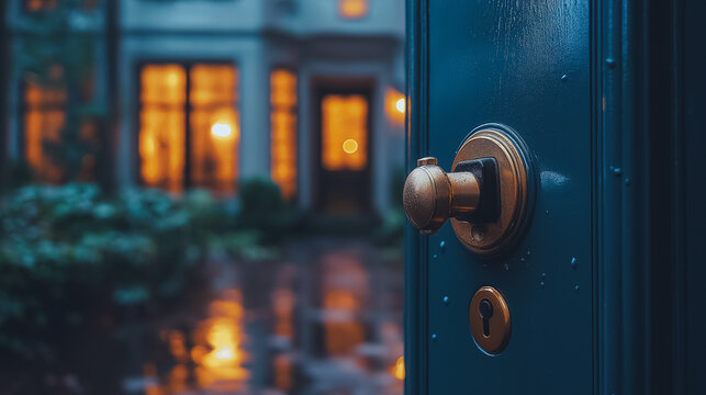 A blue door with a gold knob is open. The door is in front of a house with a window - Powered by Adobe