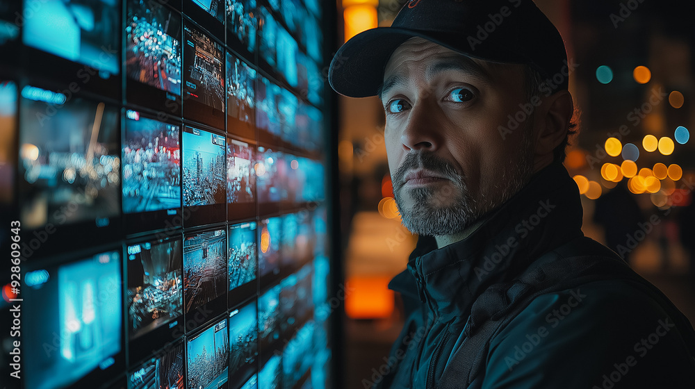 Aufkleber a man stands in front of a wall of monitors displaying many different images. the man is wearing a b