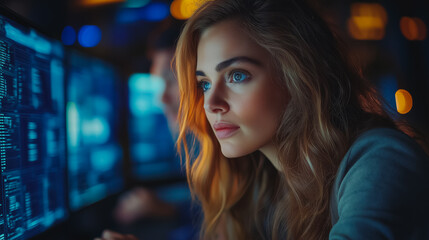 Obraz premium A woman with long brown hair is looking at a computer screen. Concept of focus and concentration as the woman stares intently at the screen